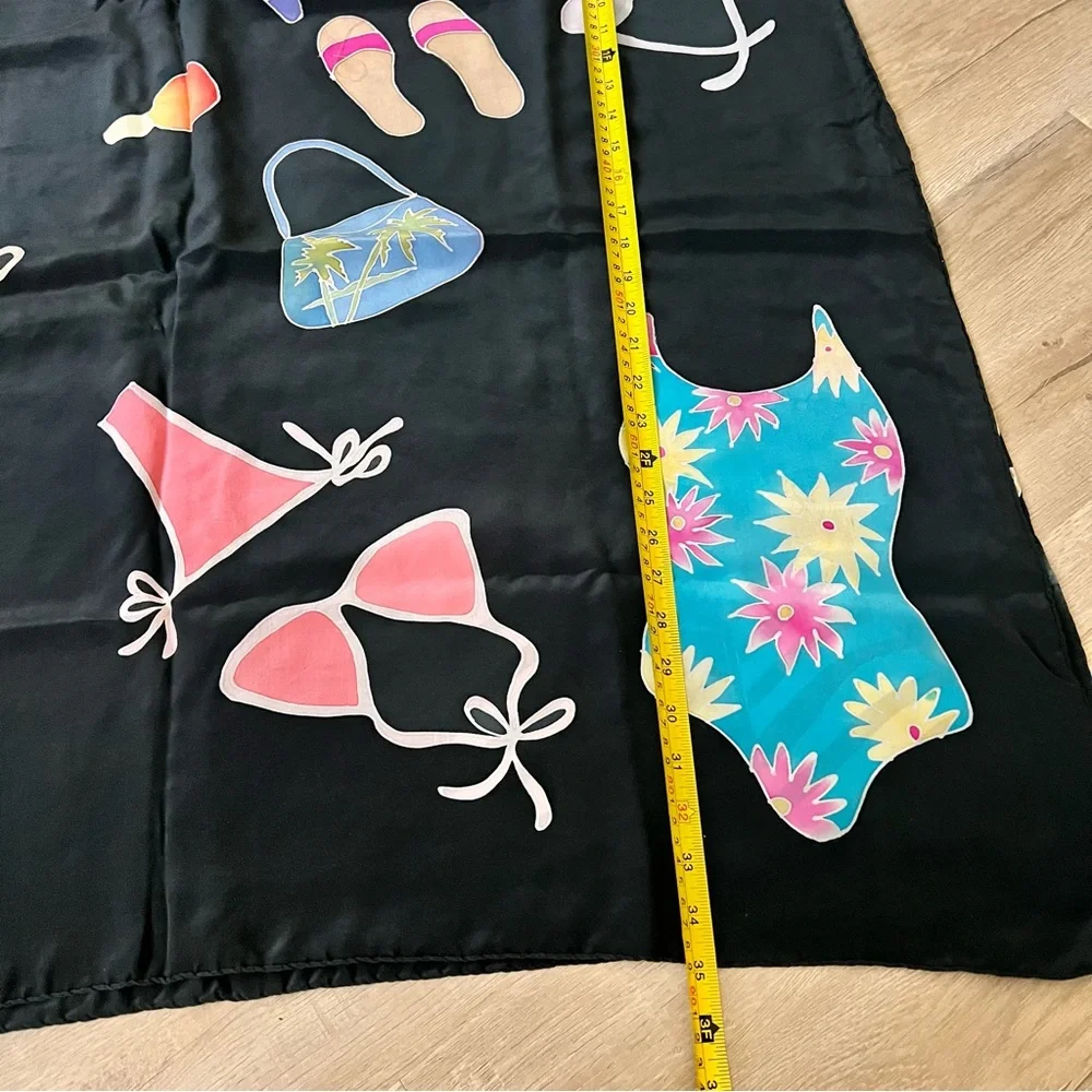 Huge Thick Silk Scarf Wrap Black With Beach‎ Theme - 70” X 38” - Vacation Party